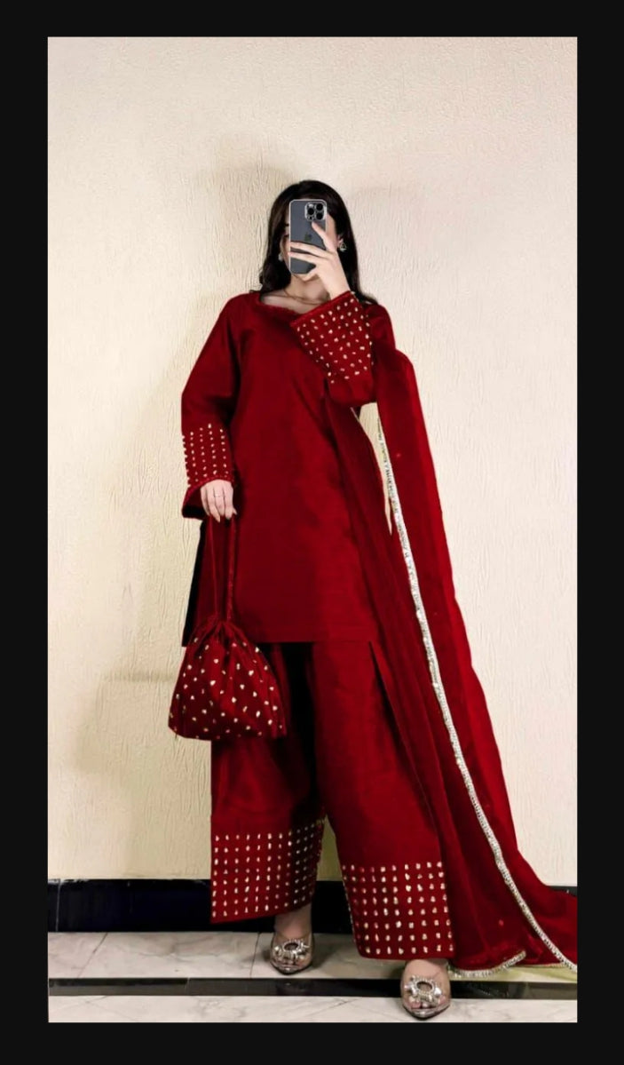3 pcs women,s unstitched plain suit 